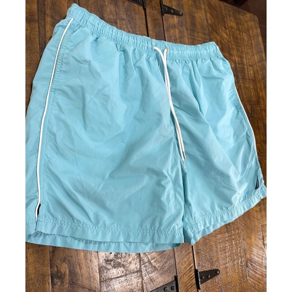 Nautica Men's XL Swim Trunks Light Blue White Piping Mesh Lining Board Shorts
